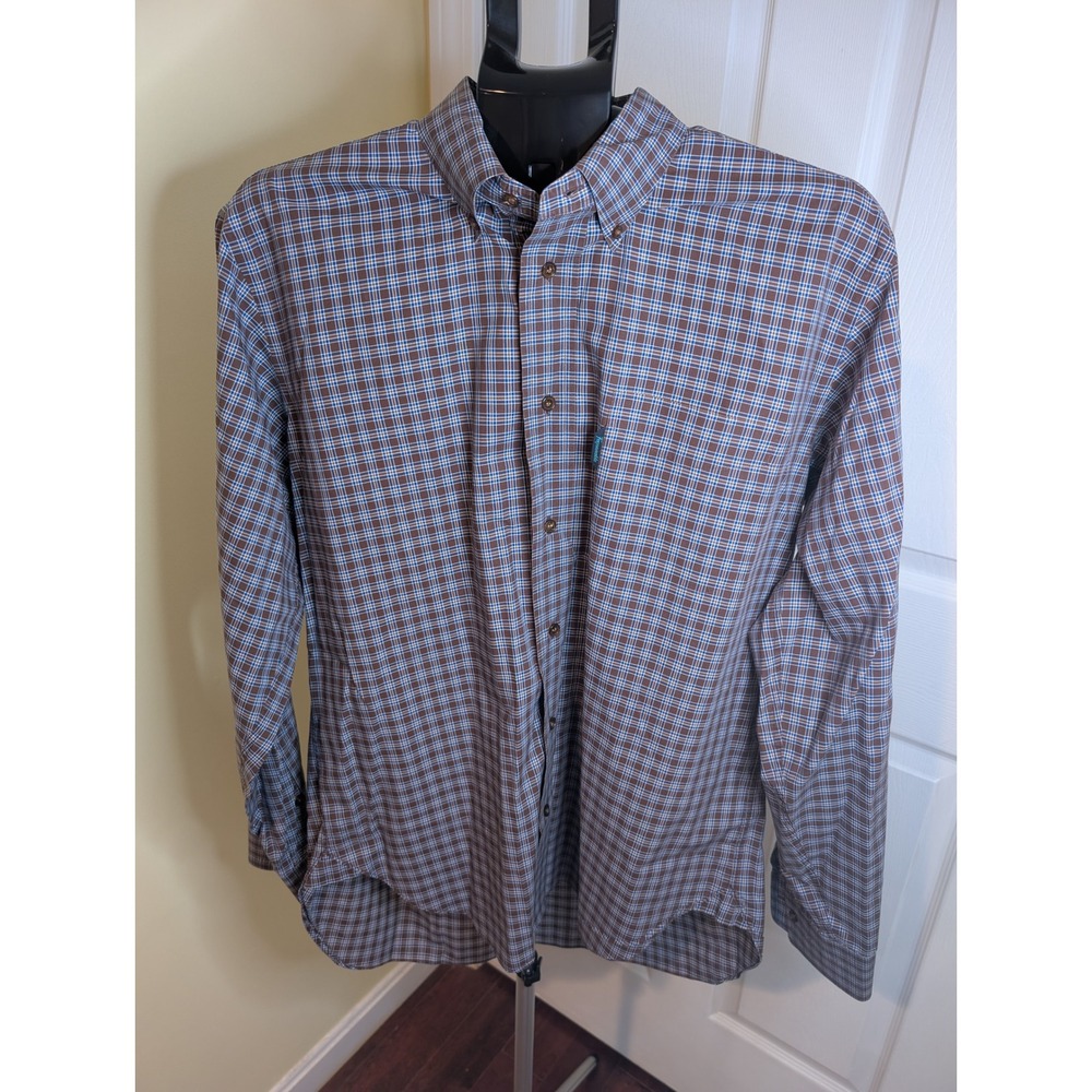 Faconnable Button Down Shirt Mens Large Brown Blue Plaid Heritage Long Sleeve